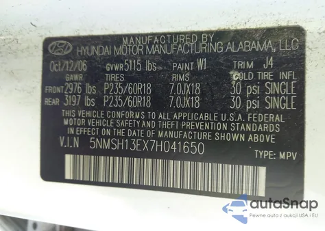 2007 Hyundai Santa Fe Limited/Se из США, поврежденный, VIN 5NMSH13EX7H041650